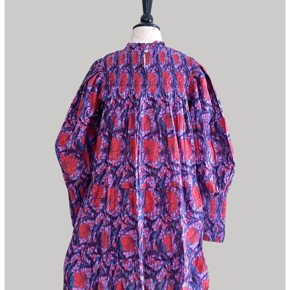 Bindu size XS Floral Smocked Dress Long Puff Sleeves, High Neck Multicolor - Picture 5 of 11
